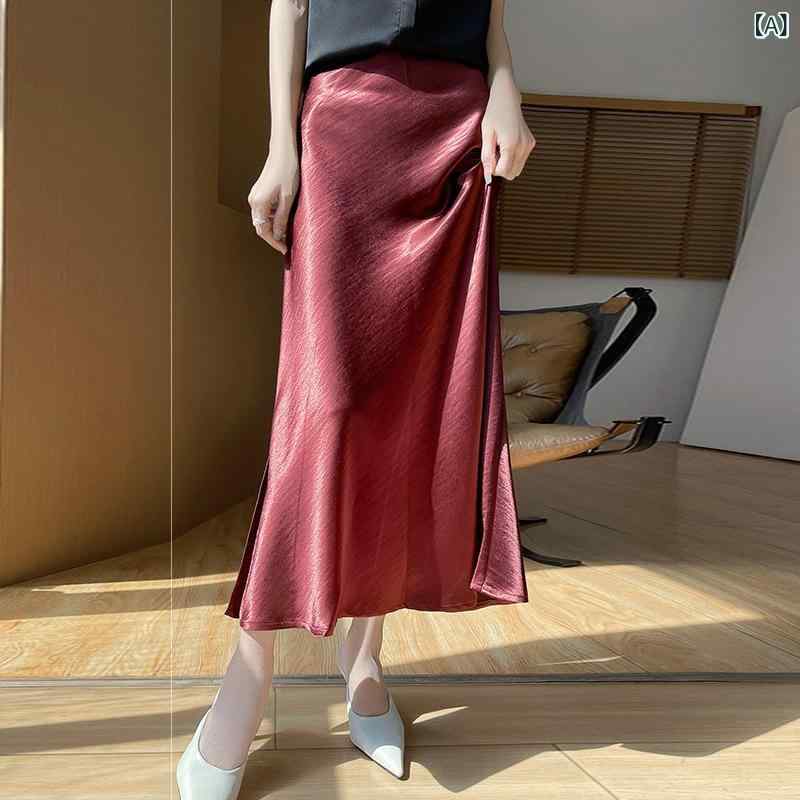 ロングスカート サテン サイドスリット 無地 艶感 光沢 上品 高見え ミモレ丈 美シルエット 体型カバー ウエストゴム ボトムス ゆったり きれいめ 着回し オフィス 通勤 カジュアル レディース 春夏 秋冬 オールシーズン 揺れる ドレープ エレ