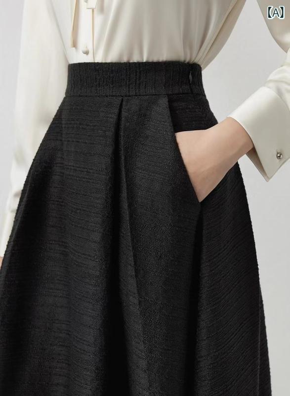 ロングスカート レディース ハイウエスト Aライン ツイード素材 スタイルアップ 高級感 膝下丈 ウエストゴム フォーマル バックファスナー ポケット付き 裏地あり 透け防止 体型カバー シワになりにくい 厚手 保温 ロング丈 フレア ボトムス サイドポ画像