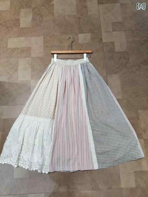 ロングスカート コットン 花柄 レース チェック柄 Aライン 膝下丈 体型カバー ウエストゴム仕様 裏地付き 透け感防止 カジュアル ミモレ丈 お出かけ 普段使い 旅行 行楽 デート 春用 着回し ギャザー マキシ丈 ボトムス レディースファッション ポ画像