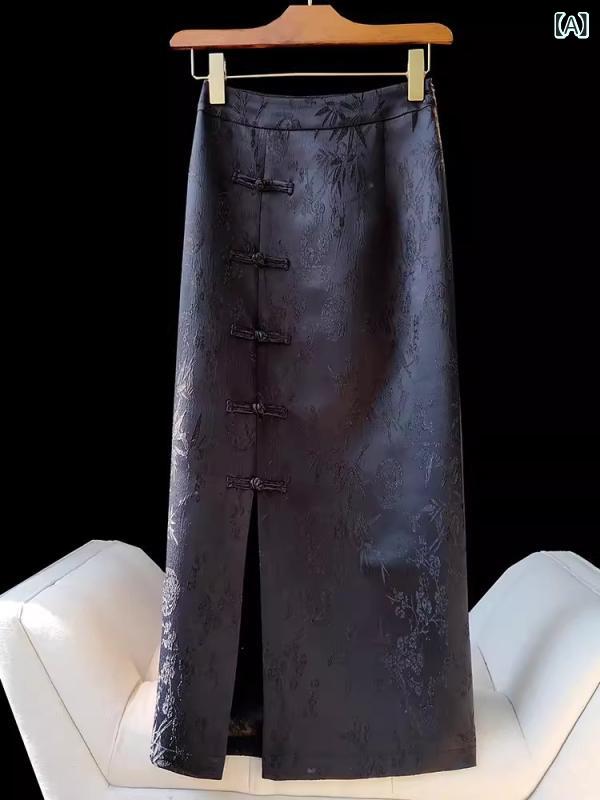 タイトスカート チャイナ風 膝丈 スリット ジャガード 飾りボタン 美シルエット 脚長効果 高見え 上品 パーティー お呼ばれ 二次会 披露宴 デート セレモニー お出かけ 発表会 コンサート 謝恩会 記念日 フォーマル クラシック スリム ブラック レ