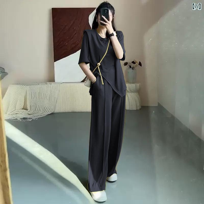 セットアップ レディース 大きいサイズ ニット 夏 半袖 ストレートパンツ 体型カバー 二の腕カバー 2点セット ワンマイルウェア 涼感 お出かけ 普段使い 動きやすい 上下セット ウエストゴム 5分袖 ワイドシルエット 伸縮性 洗える 部屋着 通気性