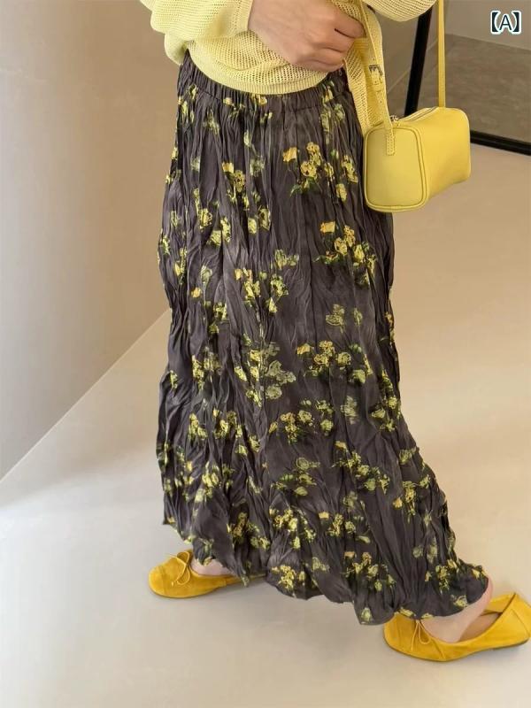 ロングスカート 花柄 プリーツ Aライン フレアスカート ハイウエスト 体型カバー 脚長効果 ミモレ丈 春夏 カジュアル お出かけ デート きれいめ フェミニン 総柄 落ち感 揺れ感 ボトムス 大人 かわいい 上品 ウエストゴム 裏地付き 20代 30代