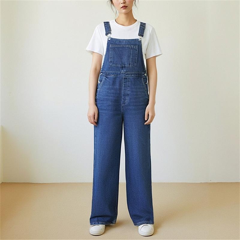 サロペット デニム オーバーオール レディース ブルー オールインワン ワイドパンツ ハイウエスト ストレートパンツ 細見え ゆったり 春秋 20代 30代 40代 ボトムス カジュアル ジーンズ ジーパン 普段使い ロング丈 無地 シンプル 楽ちん