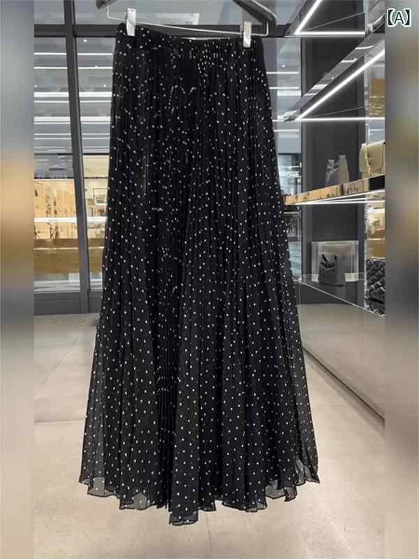 フレアスカート ドット柄 ロング ハイウエスト プリーツ Aライン 膝下 ボトムス レディース 体型カバー 落ち感 美シルエット 水玉 大人 裏地付き ウエストゴム ミモレ丈 春夏 秋 通勤 カジュアル 普段使い お出かけ 旅行 上品 透け防止 シワに
