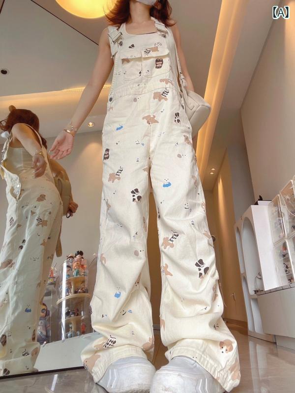 サロペット レディース デニム 春夏 オールインワン ワイドパンツ ゆったり オーバーサイズ カジュアル 楽ちん 大人かわいい ワイドシルエット プリント柄 ボトムス ズボン つなぎ ワークパンツ サスペンダーパンツ お出かけ デイリー 20代 30代