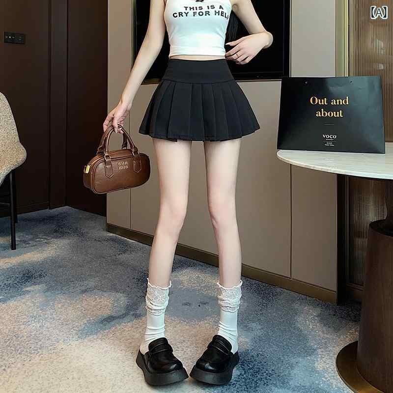 ミニスカート プリーツスカート 黒 ハイウエスト Aライン 美脚 着痩せ インナーパンツ付き 裏地あり 2025春夏 フレア 膝上丈 モード系 地雷系 サブカル カジュアル お出かけ ライブ 参戦服 イベント ダンス 衣装 スタイルアップ 動きやすい シ