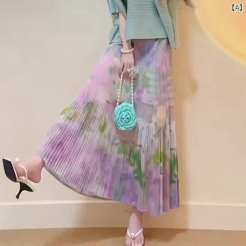 スカート プリーツスカート 花柄 ロング フレアスカート ウエストゴム 体型カバー 美脚効果 裏地付き 2024春夏 お出かけ 大人かわいい フェミニン きれいめ 上品 膝下 ミモレ丈 カジュアル おしゃれ Aライン 落ち感 シワになりにくい 着痩せ 華や