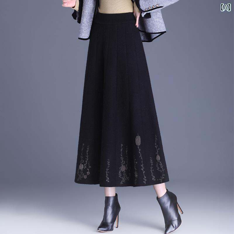 ニットスカート カシミヤ ウール Aライン ロングスカート 厚手 暖かい プリーツ フレア オフィス ミモレ丈 ハイウエスト 秋冬 カジュアル きれいめ 無地 ボトムス ウエストゴム 体型カバー 高見え 普段使い 通勤 通学 20代 30代 40代