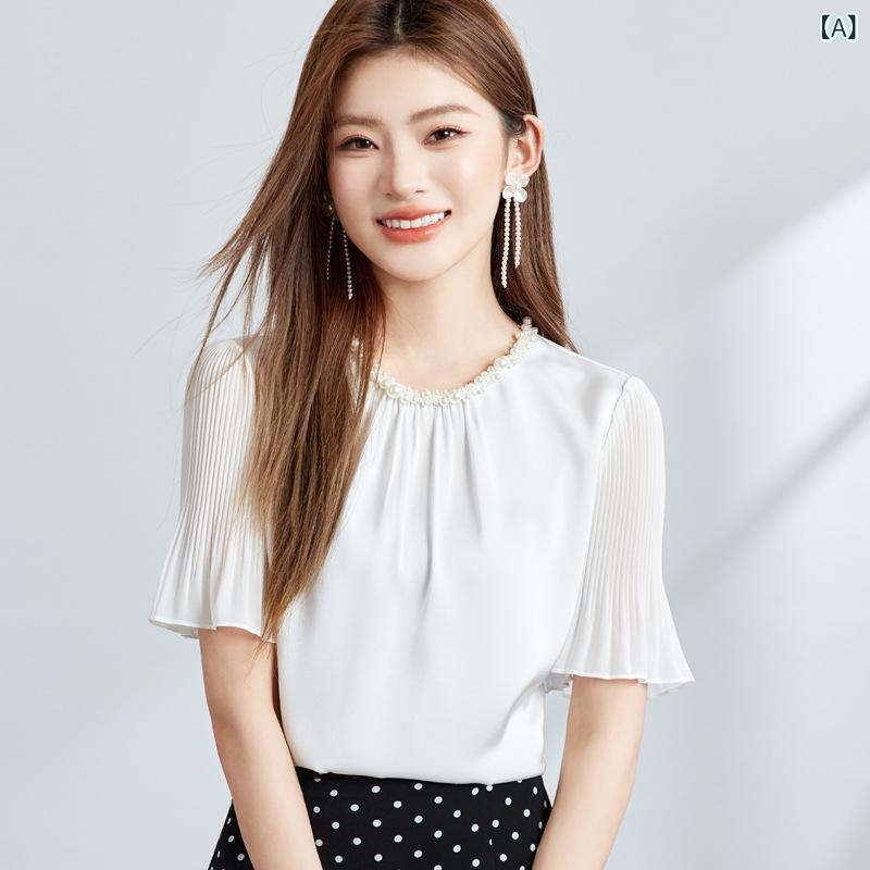 ブラウス レディース 半袖 シフォン プリーツ ビジュー シャツ 立ち襟 ハイネック フリル 涼しい 薄手 春夏 春夏 オフィス 通勤 カジュアル フォーマル きれいめ ゆったり 体型カバー 大きいサイズ 透けない 裏地付き 洗える 無地