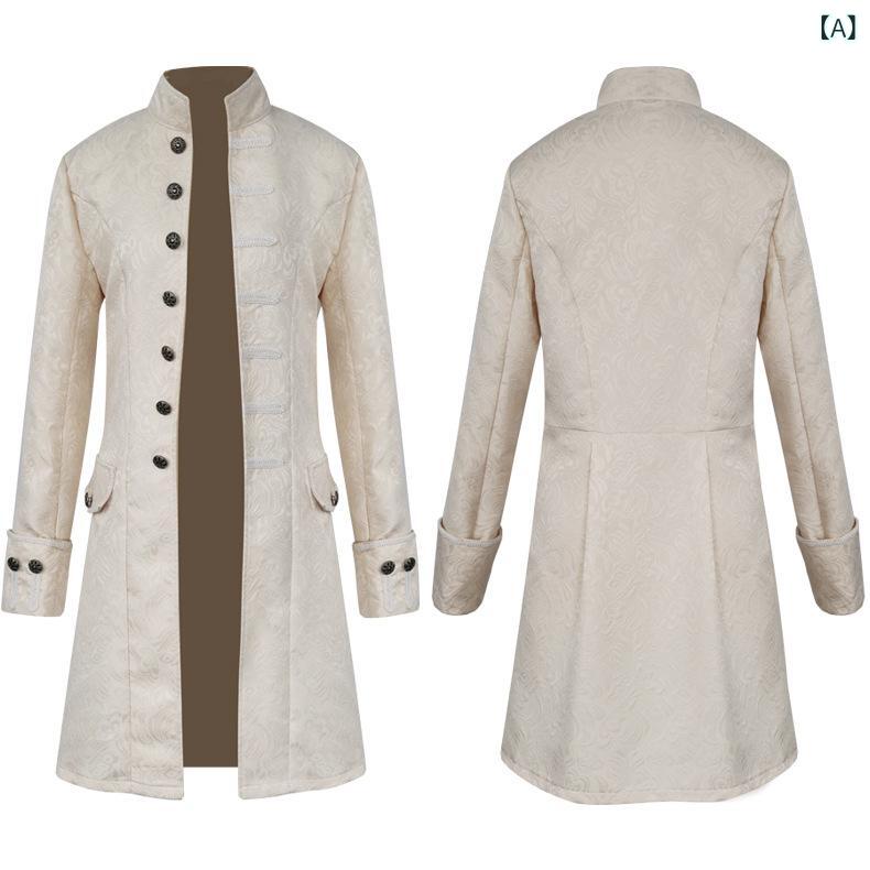 セットアップ メンズ パンク レトロ ジャガード コート シャツ スタンドカラー フリル 制服 コスチューム ステージ衣装 舞台衣装 中世 貴族 風 ビジュアル系 演劇 発表会 パーティー イベント ハロウィン