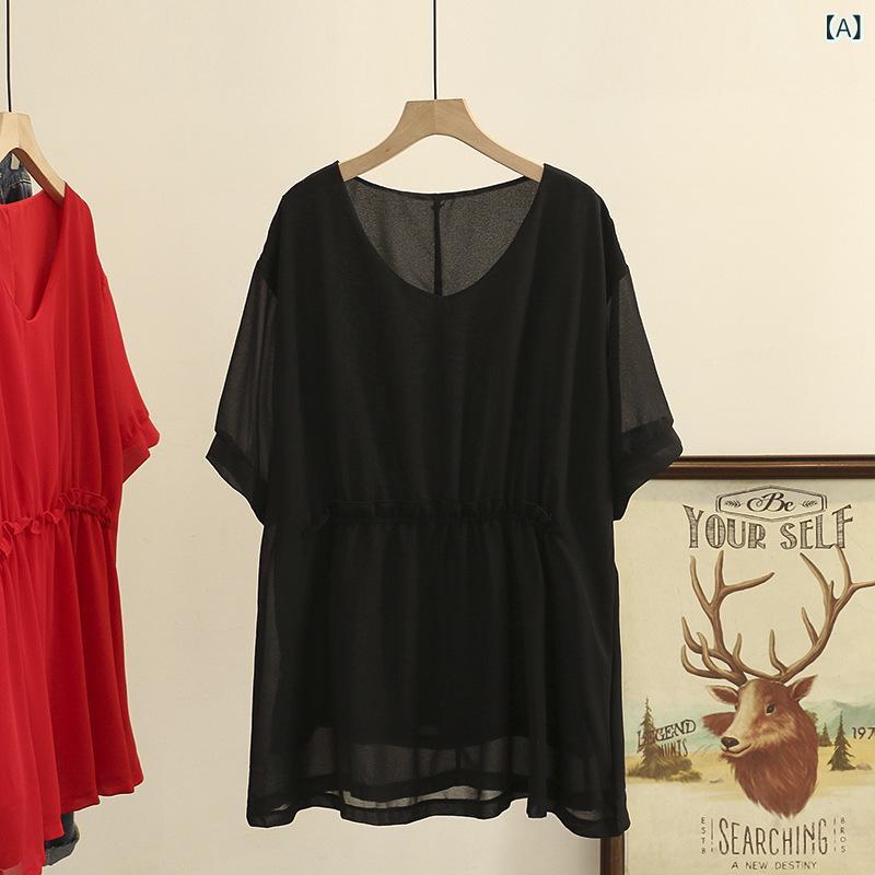 ブラウス レディース 大きいサイズ ゆったり 半袖 体型カバー シフォン シャツ トップス プルオーバー 3L 4L 5L 6L 大きめ サイズ 夏服 涼しい カジュアル 普段着 お出かけ オフィス 通勤 きれいめ ラウンドネック 無地 シンプル 軽い 薄