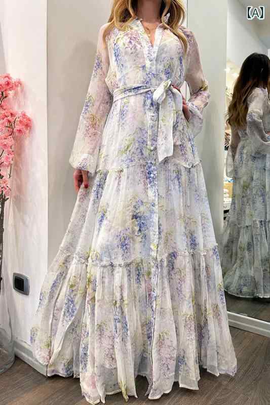 ロングワンピース レディース 花柄 シフォン 前開き フレア マキシ丈 長袖 Ｖネック ウエストベルト付き Ａライン カジュアル リゾート 春夏 秋 ボタニカル 爽やか 裏地あり 透け感 きれいめ 体型カバー ゆったり 軽い 旅行 重ね着