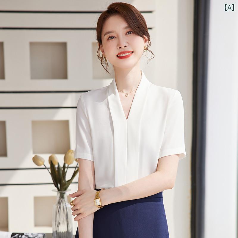 ブラウス レディース 半袖 Vネック シフォンブラウス オフィス 通勤 事務服 涼しい 夏 ホワイト シャツ トップス インナー ビジネス 仕事着 オフィスカジュアル スーツインナー とろみ 素材 無地 プルオーバー 透けにくい 薄手 春夏