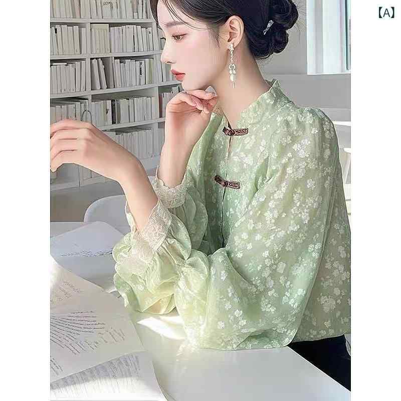 ブラウス レディース シャツ チャイナ風 シフォン 長袖 スタンドカラー 立ち襟 くるみボタン シースルー 透け感 パフスリーブ トップス とろみ素材 ゆったり 体型カバー オフィス カジュアル フォーマル お呼ばれ 入園式 入学式 春夏 春夏 きれい