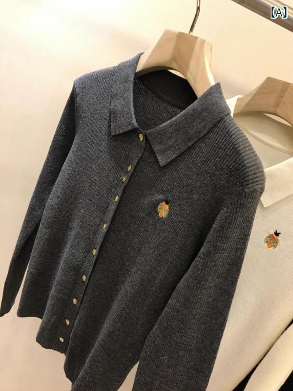 カーディガン レディース メリノウール ウール 襟付き ワンポイント 刺繍 ポロ襟 長袖 前開き 薄手 ハイゲージ 羽織り オフィス カジュアル 春秋 春秋 秋冬 トップス きれいめ 無地 シンプル 羊毛 通勤 通学 普段使い