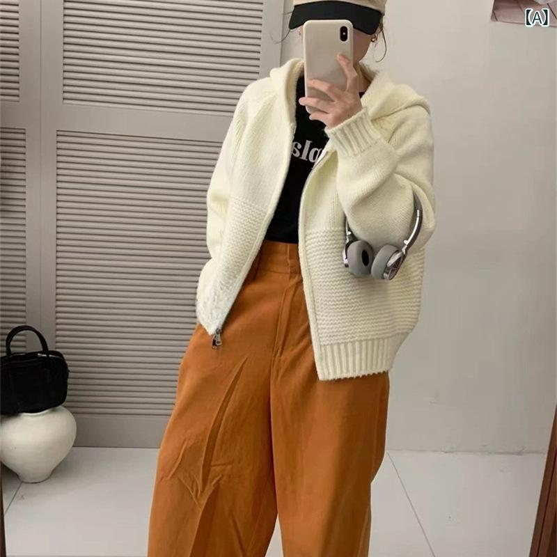 ニットカーディガン レディース フード付き ショート丈 ダブルジップ 厚手 セーター 羽織 無地 韓国ファッション ゆったり カジュアル アウター ジャケット トップス お出かけ デート 秋冬 長袖 シンプル 前開き 重ね着 体型カバー