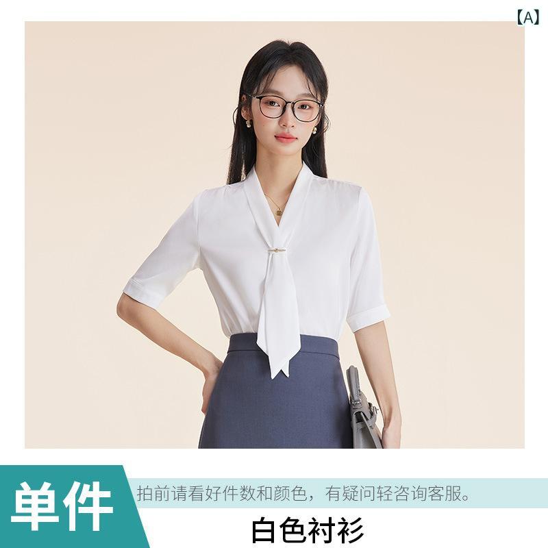 ブラウス レディース 半袖 シフォン オフィス 事務服 シャツ Vネック フレンチ 前開き 涼しい 襟付き インナー 裏地付き 透け防止 通勤 ビジネス フォーマル 春夏 春夏 2025 ホワイト 無地 ゆったり 大きいサイズ 形態安定
