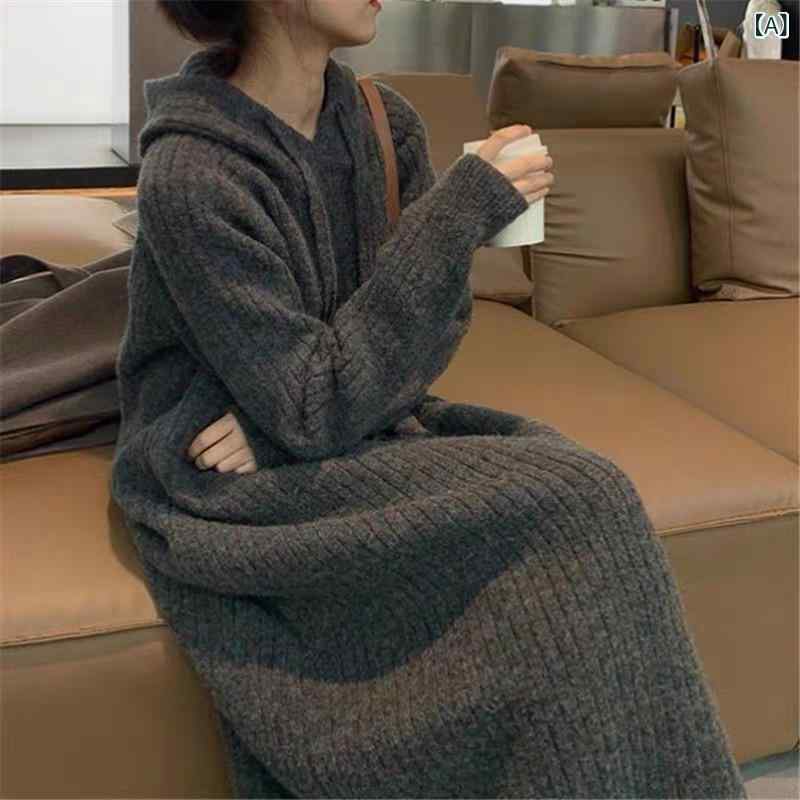 ニットワンピース レディース ロング パーカーワンピース フード付き ゆったり プルオーバー 厚手 長袖 Aライン カジュアル お出かけ 普段使い 秋冬 秋冬 防寒 暖かい 無地 シンプル 体型カバー 大きいサイズ ミモレ丈 スリット入り