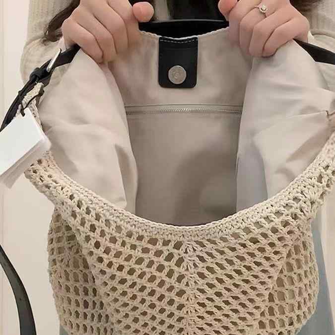 かごバッグ レディース トートバッグ ショルダーバッグ 2way 大容量 A4 肩掛け 斜め掛け 手編み メッシュ 裏地付き 軽量 春夏 通勤 通学 旅行 海 ビーチ リゾート 鞄 ナチュラル ストローバッグ