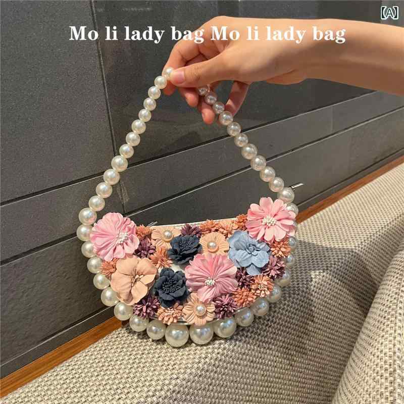 ハンドバッグ レディース パール パーティバッグ ハーフムーン フラワー 立体 花 ラインストーン ビジュー 結婚式 披露宴 二次会 お呼ばれ 冠婚葬祭 肩掛け ワンショルダー レトロ ヴィンテージ 和装 ミニバッグ フォーマル 手提げ