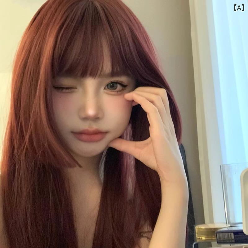 ウィッグ レディース ロング ストレート フルウィッグ 姫カット ぱっつん ロリータ コスプレ ゴスロリ 自然 日常 変装 イベント ネット付き かつら エクステ 小顔効果 耐熱 さらさら 姫髪 レッド アニメ 舞台 パーティー 衣装