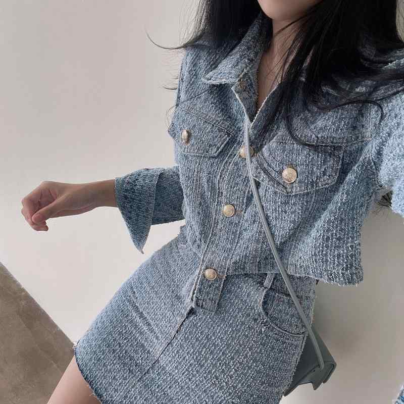 セットアップ レディース デニム ジャケット ミニスカート 2点セット ツイード風 ノーカラー ショート丈 春服 秋服 上下セット 長袖 ハイウエスト タイトスカート カジュアル お出かけ デート 無地 アウター 5,336円