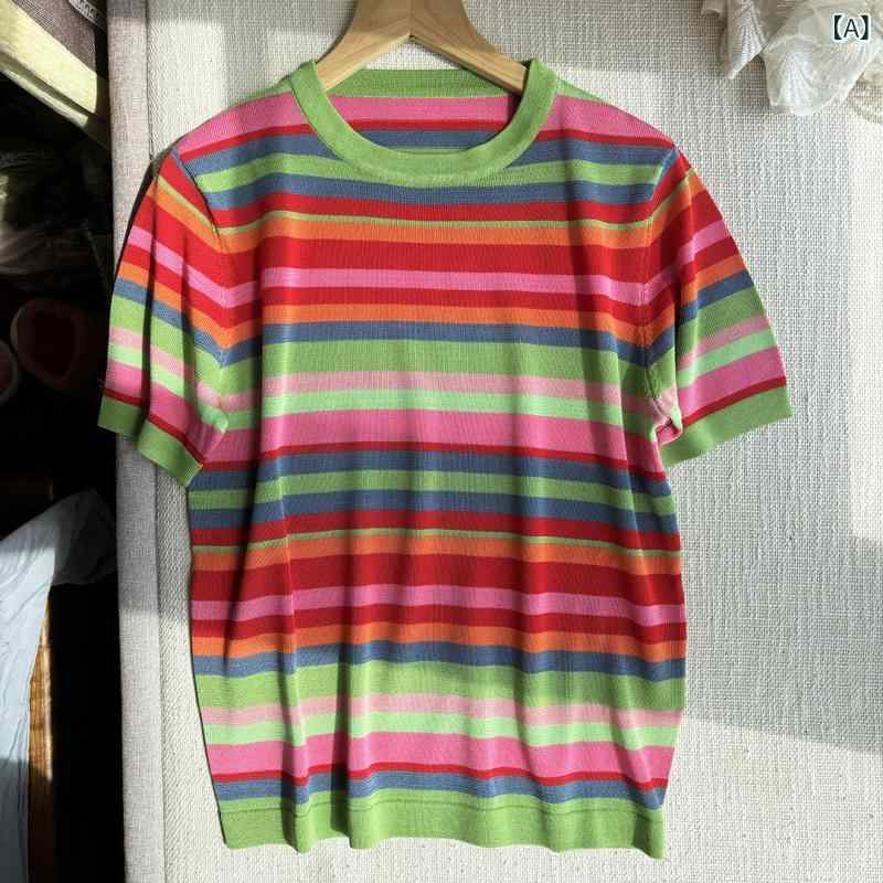サマーニット レディース Tシャツ 半袖 シルク ラウンドネック ボーダー 配色 涼しい 冷感素材 オフィス 通勤 カジュアル トップス カットソー クルーネック 柔らかい 春夏 薄手 ストレッチ さらさら 速乾