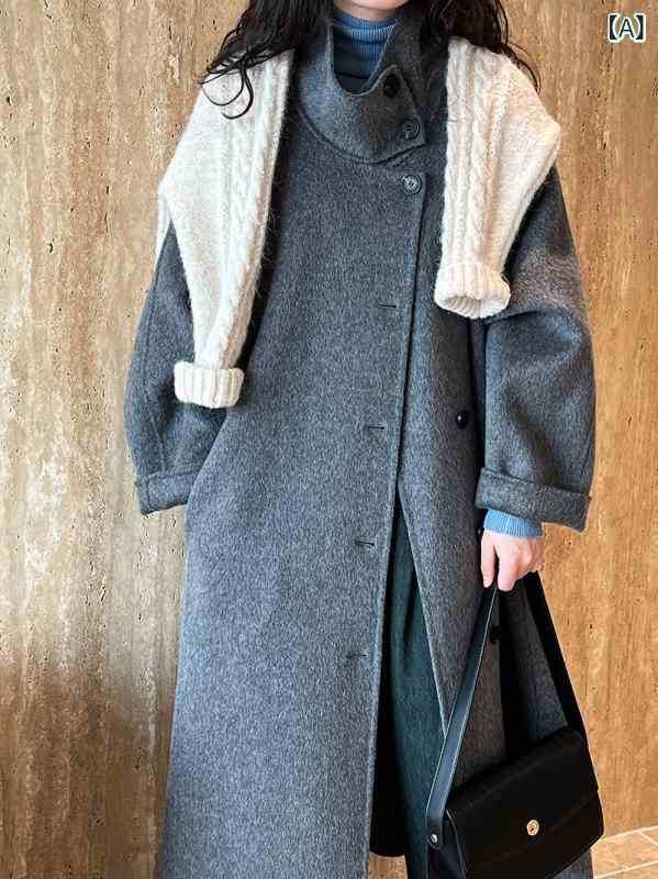 ロングコート レディース ウール スタンドカラー ダブルフェイス 羊毛 アウター 膝丈 ミディアム丈 冬 暖かい 防寒 通勤 オフィス フォーマル シンプル 無地 軽量 軽い 柔らかい 上着 羽織り カジュアル おしゃれ