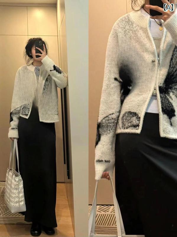 カーディガン レディース ダブルジッパー ニット トップス ジャガード バタフライ 蝶柄 フェイク エコファー 羽織り アウター 長袖 厚手 暖かい 防寒 カジュアル レトロ クラシック 秋冬 上着 重ね着