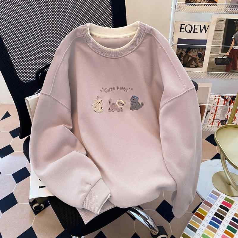 トレーナー レディース メンズ 猫柄 刺しゅう クルーネック プルオーバー 長袖 ゆったり フェイクレイヤード トップス 部屋着 カジュアル 春秋冬 おしゃれ かわいい 楽ちん ピンク シンプル 通学 通勤 ギフト ワンポイント