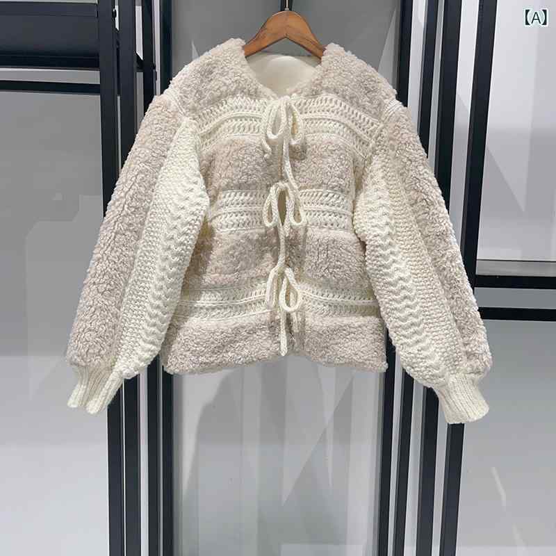 ファーコート レディース ニット 切替 アウター ジャケット ショート丈 ボア 異素材 ドッキング フェイクファー 暖かい 防寒 秋冬 もこもこ カジュアル 羽織り 前開き リボン 結び目 軽い 柔らかい ゆったり 上着 通勤 通学 お出かけ デート