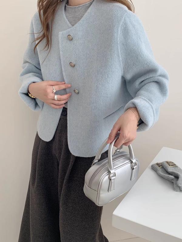 ノーカラーコート レディース ウール カシミヤ ショート丈 ダブルフェイス アウター 丸首 無地 軽い 暖かい ジャケット 通勤 オフィス カジュアル シンプル 羽織り 春秋冬 通学 防寒 長袖 重ね着