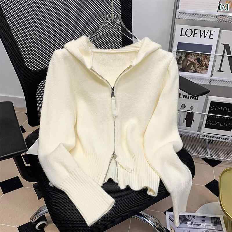 ニットカーディガン レディース ジップアップ パーカー フード付き ショート丈 長袖 羽織り 秋服 冬服 無地 トップス 前開き リブニット セーター シンプル カジュアル オフィス 防寒 暖かい 柔らかい 軽い 伸縮性 大人