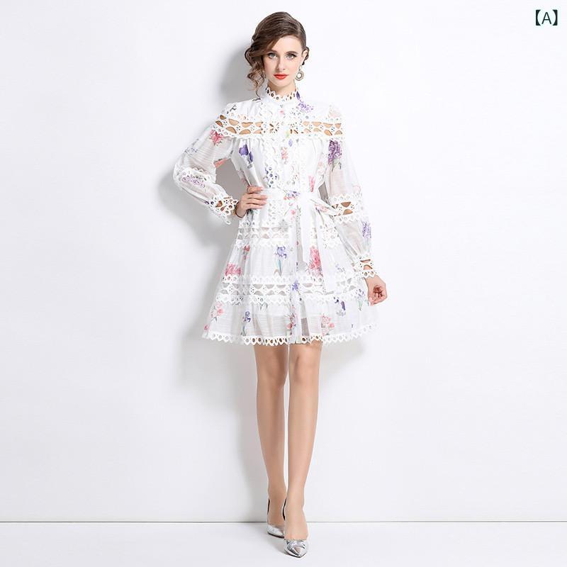 ワンピース レディース ロングワンピース Aライン 長袖 スタンドカラー 花柄 プリント レース 前開き ボタン クラシック 春服 秋服 お出かけ フォーマル 華やか 総柄 透け感 ミモレ丈 裏地付き カジュアル マキシ丈 二次会