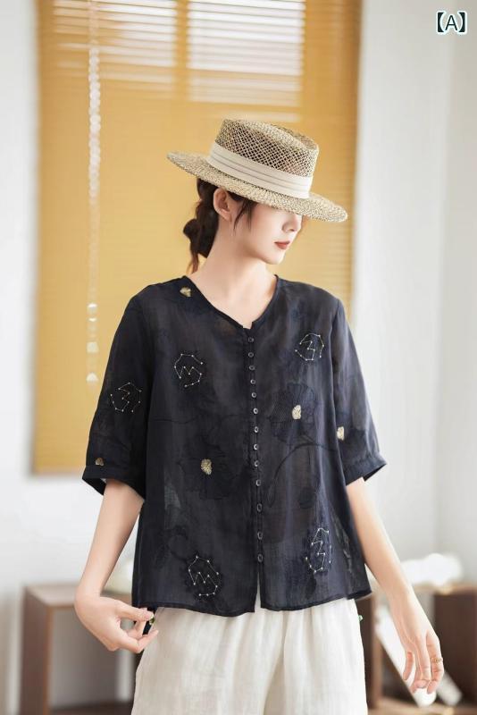ブラウス レディース リネン 刺繍 Vネック トップス 五分袖 前開き シャツ 麻 涼しい 春夏 カジュアル ゆったり 大きいサイズ ナチュラル ボタン おしゃれ 無地 チャイナ風 半袖 軽い 通気性 体型カバー 薄手 羽織り レトロ クラシック