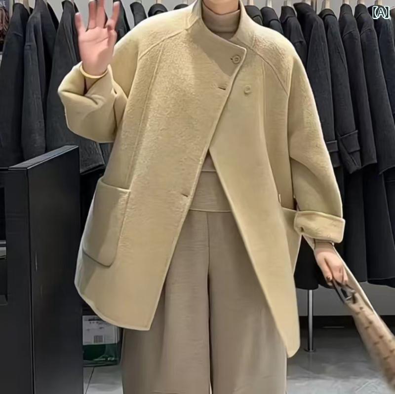 ウールコート レディース アウター 防寒 スタンドカラー ロング丈 ダブルフェイス 羊毛 無地 暖かい 厚手 軽い 通勤 通学 お出かけ 秋冬 シンプル 上着 羽織り 膝丈 ゆったり ビッグシルエット カジュアル 冬服