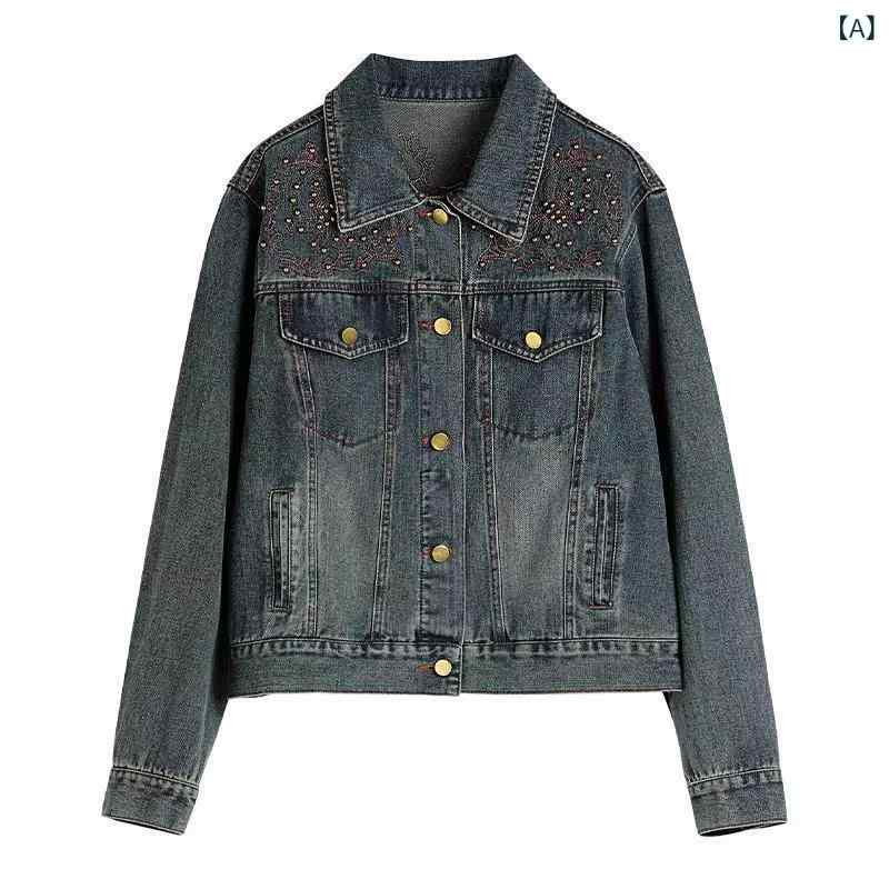デニムジャケット レディース ジージャン Gジャン ショート丈 アウター 刺繍 ビジュー ラインストーン 長袖 スリム フィット ストレッチ カジュアル 秋 春 上着 大人 かわいい おしゃれ 羽織り ライトアウター ブルー