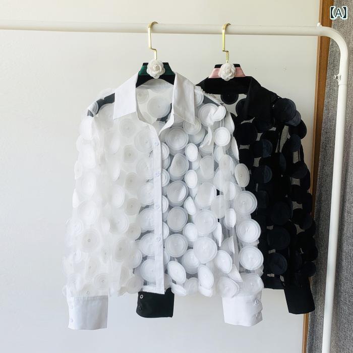 ブラウス レディース 長袖 シフォン トップス 立体 花びら モチーフ シースルー 透け感 メッシュ レース チュニック カットソー 立ち襟 スタンドカラー オフィス 通勤 カジュアル 冠婚葬祭 パーティー 発表会 春夏 秋 ホワイト