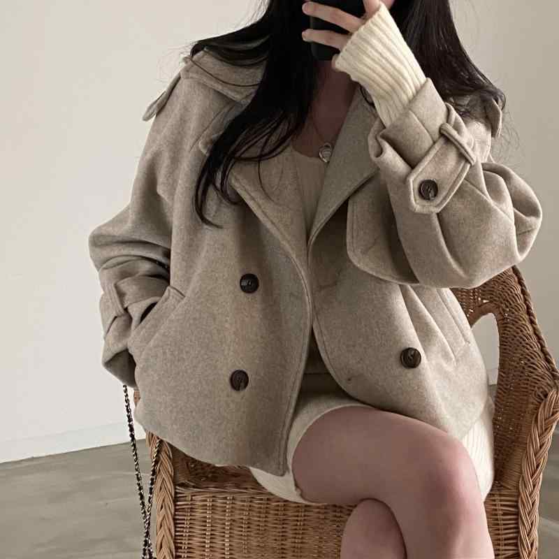ピーコート レディース ショートコート ウール混 ダブルブレスト ゆったり 暖かい 防寒 アウター ジャケット 無地 上着 長袖 秋冬 通学 通勤 カジュアル シンプル 羽織り 厚手 オフィス トップス 軽い ショート丈