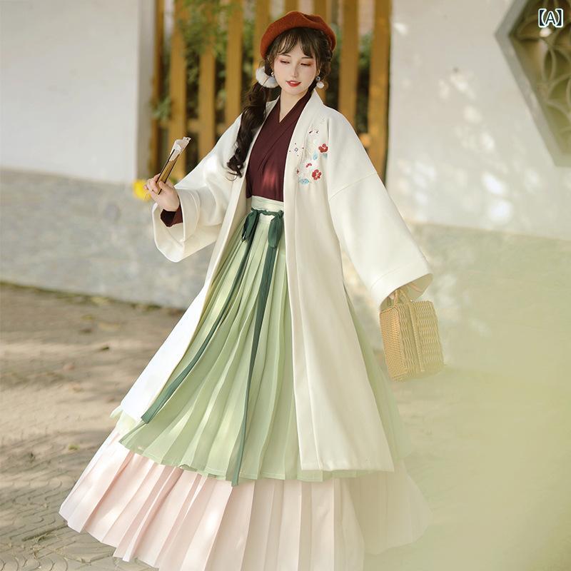 漢服 レディース セットアップ 古装 中華服 上下セット プリーツスカート 刺繍入りジャケット 新中式 厚手素材 伝統民族衣装 華やか 宮廷風 コスプレ ステージ衣装 撮影用 発表会 行事 お出かけ 冬用