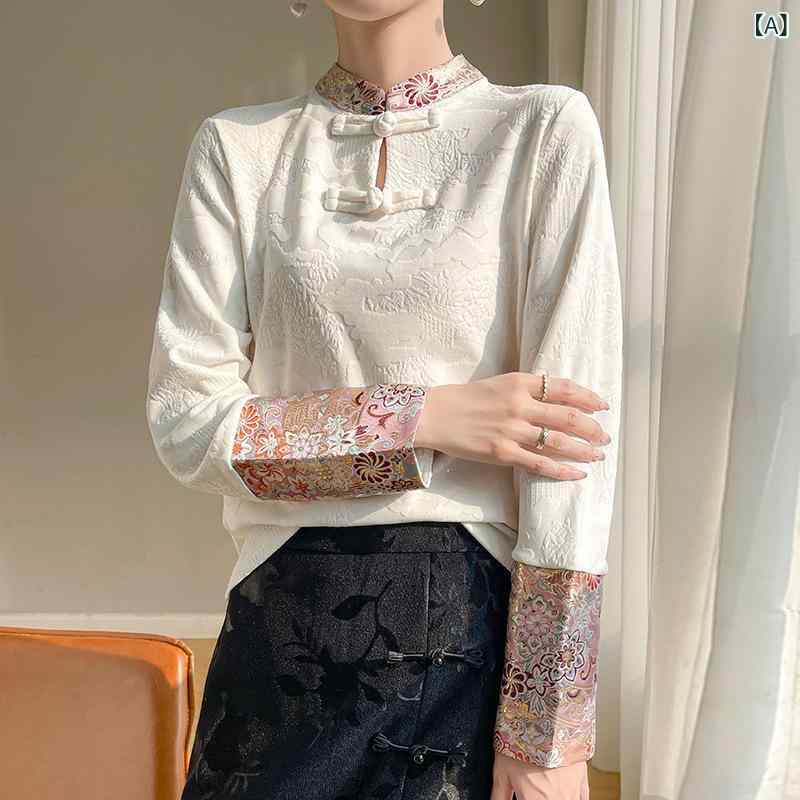 ブラウス レディース チャイナ服 中華風 長袖 立ち襟 刺繍 サテン チャイナボタン トップス 民族衣装 演奏会 披露宴 パーティー シノワズリ 光沢感 華やか エスニック 春秋 大きいサイズ 結婚式 発表会