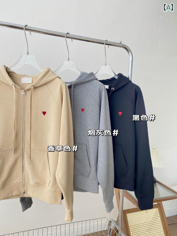 パーカー レディース メンズ ハート 刺繍 オーバーサイズ フード付き ロング丈 春秋 ジップアップ ゆったり カップル お揃い ペアルック トップス 羽織り スウェット トレーナー 長袖 無地 シンプル ルームウェア