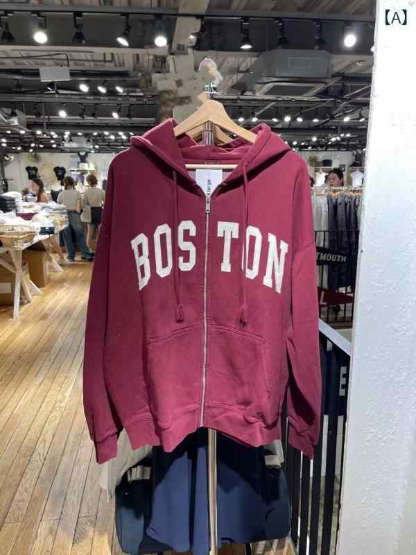 パーカー レディース ジップアップ アメリカン レトロ ボストン ロゴ 刺繍 ビッグシルエット スウェット トップス 長袖 春秋冬 カジュアル ストリート フード付き アウター 大きめ 羽織り