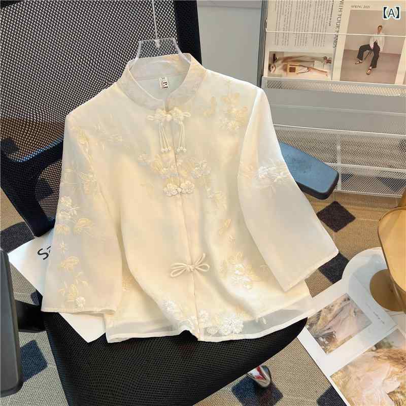 ブラウス レディース チャイナ風 シャツ 立ち襟 ショート丈 刺繍 花柄 チャイナボタン 薄手 日焼け対策 冷房対策 羽織り トップス エスニック 中華風 アジアン 夏用 ゆったり 体型カバー 涼しい