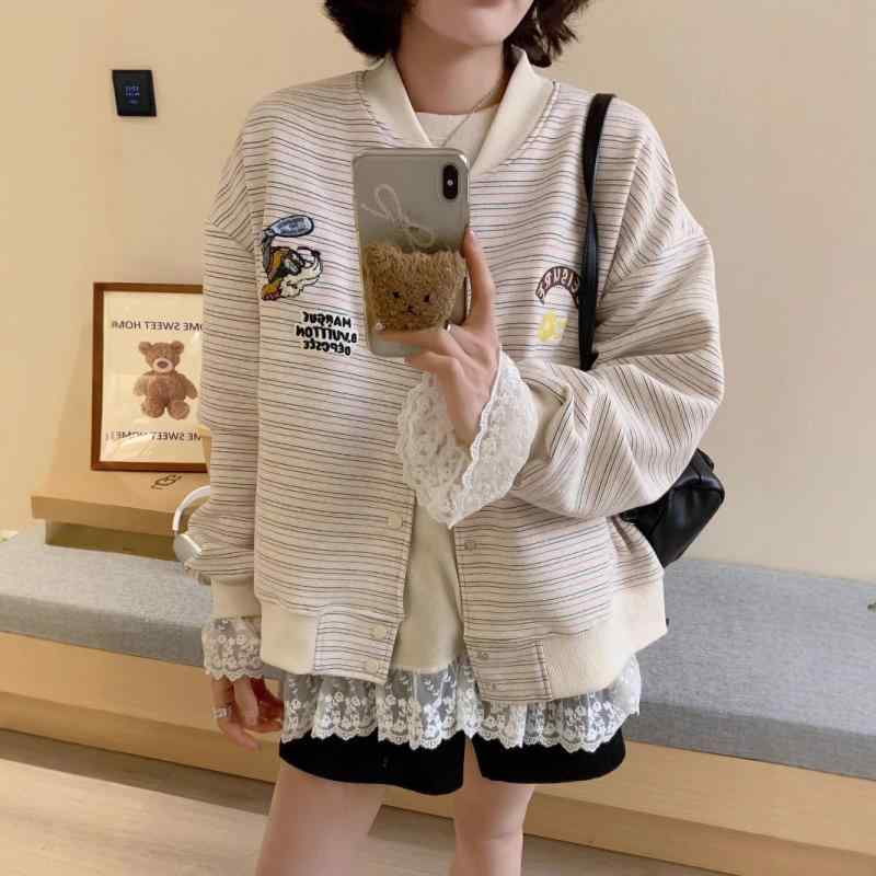 スタジャン レディース 春 ジャケット ブルゾン アウター 刺繍 ストライプ ゆったり スポーティー カジュアル 羽織り 前開き 長袖 スウェット ライトアウター かわいい シンプル 普段使い 通学 散歩 運動 部屋着 上着