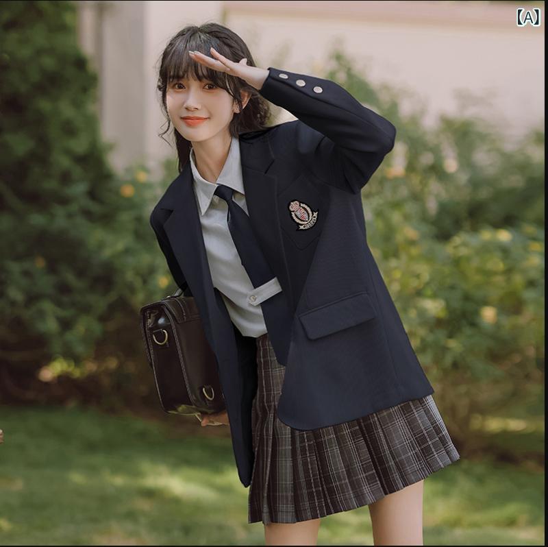 セットアップ レディース JK 制服 高校生 女子高生 スクール 3点セット ジャケット シャツ チェック柄 スカート 刺繍 エンブレム 金ボタン 通学 入学式 卒業式 文化祭 コスプレ なんちゃって制服 学生服 上下セット