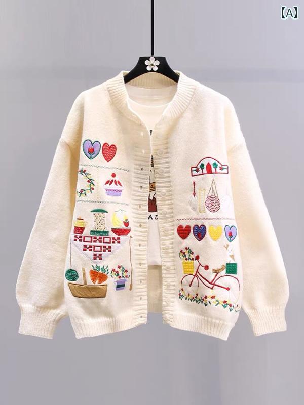 カーディガン レディース ニットカーディガン 刺繍 キャラクター Vネック 前開き 長袖 ゆったり オーバーサイズ 厚手 トップス 羽織り 暖かい カジュアル レトロ かわいい スクール風 通学 通勤 防寒 春秋冬