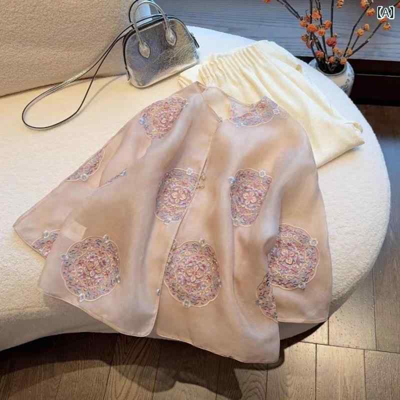 ブラウス レディース 七分袖 シアー 刺繍 シャツ オーガンジー 透け感 薄手 前開き 羽織り 冷房対策 日焼け防止 トップス 春夏 おしゃれ オフィス カジュアル ピンク 大人 かわいい ゆったり 五分袖 体型カバー