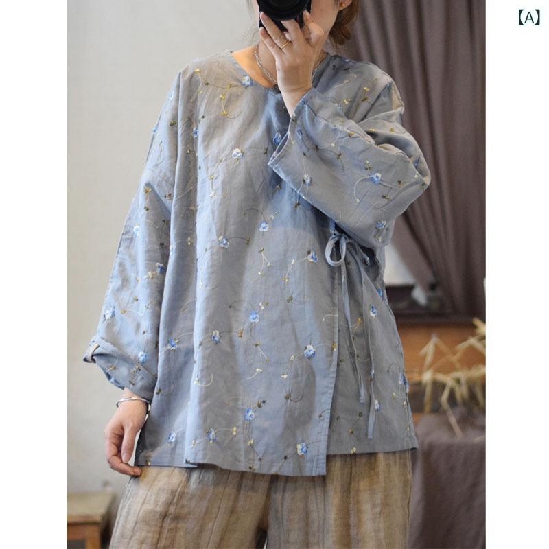 ブラウス レディース リネン 刺繍 花柄 カーディガン 羽織り チャイナ風 レトロ 長袖 麻 蝶々 刺しゅう 紐結び 前開き トップス ゆったり 涼しい 軽い 体型カバー 大人 カジュアル 華やか エスニック ナチュラル ブルー フラワー 春夏 秋