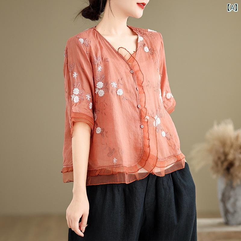 Tシャツ レディース 綿麻 刺繍 Vネック 半袖 ブラウス トップス リネン コットン 涼しい 通気性 ボタン 前開き カジュアル ゆったり 体型カバー 大人 おしゃれ シンプル 夏物 春夏 カットソー 無地 快適